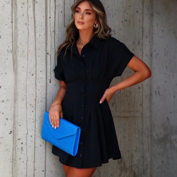 Ginnie Pintuck Button Down Shirt Dress - Black × 1 - Picture 1 of 11